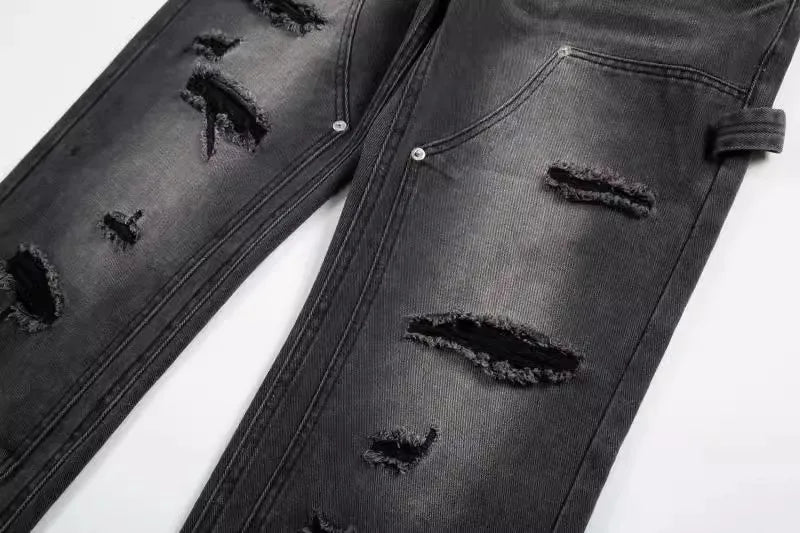high street distressed black hole washed destroyed jeans casual ripped logging pants straight wide leg denim pants for men unique jeans style 93