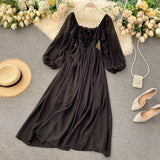 Chic Elegant Square Collar Maxi Dress Women Solid Chiffon Puff Sleeve Dresses 2023 Korean Fashion Vintage Ruffle Vestidos