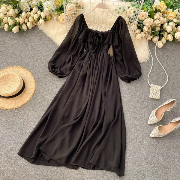 Chic Elegant Square Collar Maxi Dress Women Solid Chiffon Puff Sleeve Dresses 2023 Korean Fashion Vintage Ruffle Vestidos