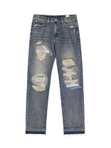 hole ripped retro straight spliced mens jeans streetwear washed pcoekts distressed denim trousers loose hip hop jean pants unique jeans style 524