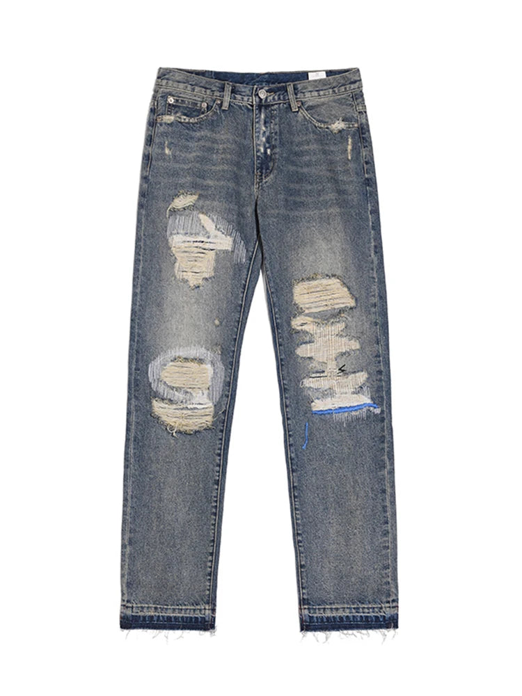 hole ripped retro straight spliced mens jeans streetwear washed pcoekts distressed denim trousers loose hip hop jean pants unique jeans style 524