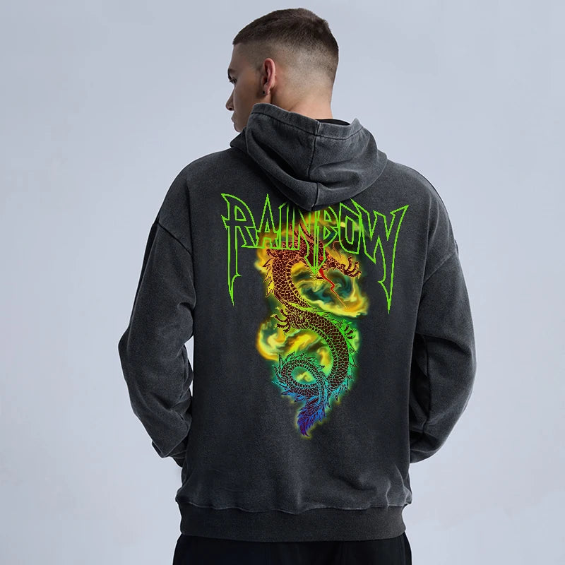 Y2K chrome print featuring rainbowtouches washed hoodie men high street fashion dragon pattren hoodie hip hop unisex essentials superior quality clothing