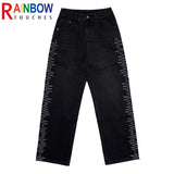 rainbowtouches 2022 brand jeans mens high street pants loose straight men jeans retro embroidery fashion mens trousers unisex ripped baggy denim