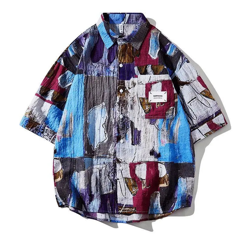American men and women trendy personalized graffiti printed short sleeved shirt summer couple hip-hop loose fitting Harajuku top