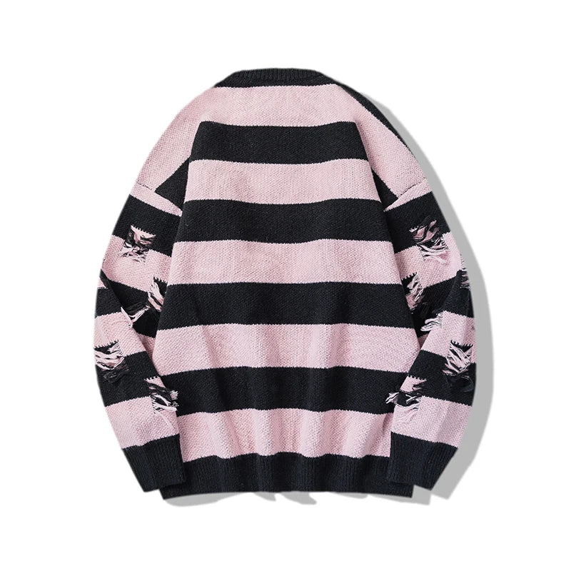 hip hop destroyed ripped holes knitted sweater mens casual striped pullover sweater unisex harajuku streetwear new autumn jumper - vintage look oversized hoodie, unisex casual winter pullover, trendy hip hop fashion hoodie