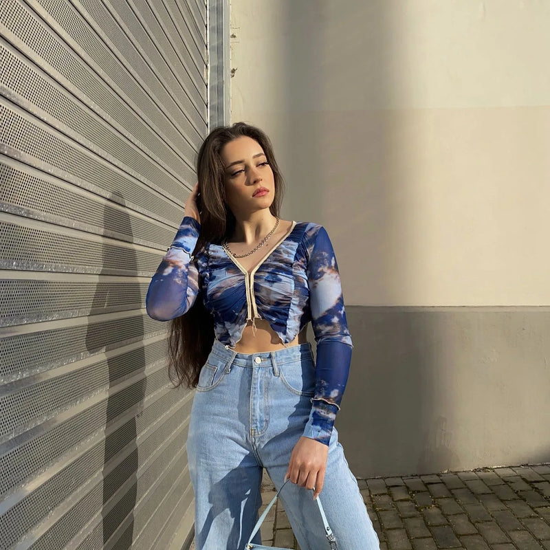 Spring Aesthetic Vintage Blue Tie Dye Elastic Slim Sexy Crop Tops Long Sleeve Hollow V-neck Woman Tshirts Streetwear Hot Girl