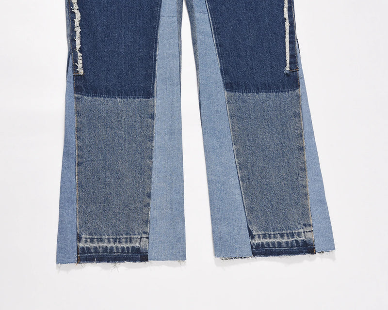 high street fashion contrast straight tube micro flared jean horn pant washing mens tassel vintage patchwork wide denim jeans unique jeans style 5005