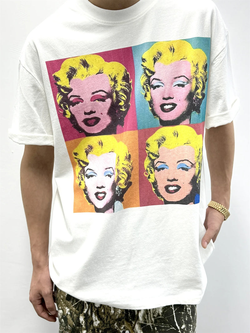 sadcore graphic tee featuring vintage summer monroe portrait print streetwear hip pop style high street white tops t shirt