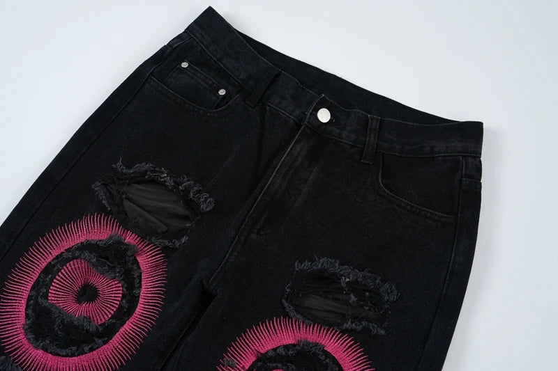 y2k streetwear embroidered ripped wide jeans for men washed destroyed torn flared jean male tassels hip hop jeans pants baggy unique jeans style 697