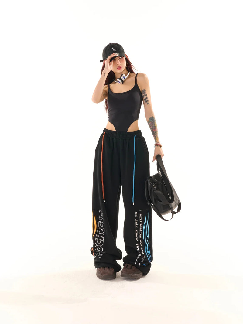 high street hiphop black wide leg waist pants women spring american loose straight casual y2k pants streetwear women sweatpants unique joggers style 2558