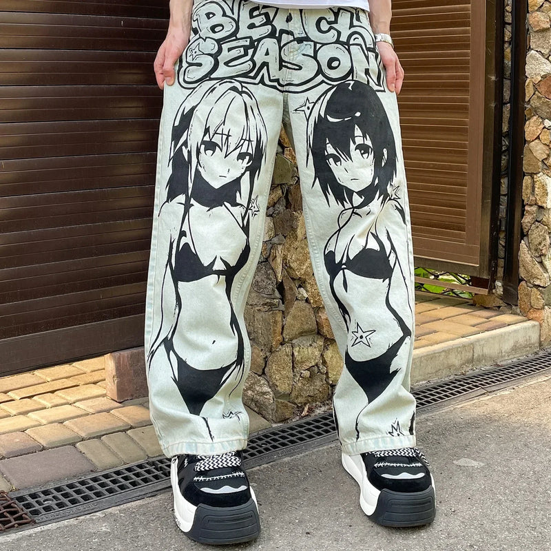 harajuku sunny sexy girl anime print baggy jeans new style wide leg trouser y2k popular streetwear men women high waist pants unique jeans style 5469