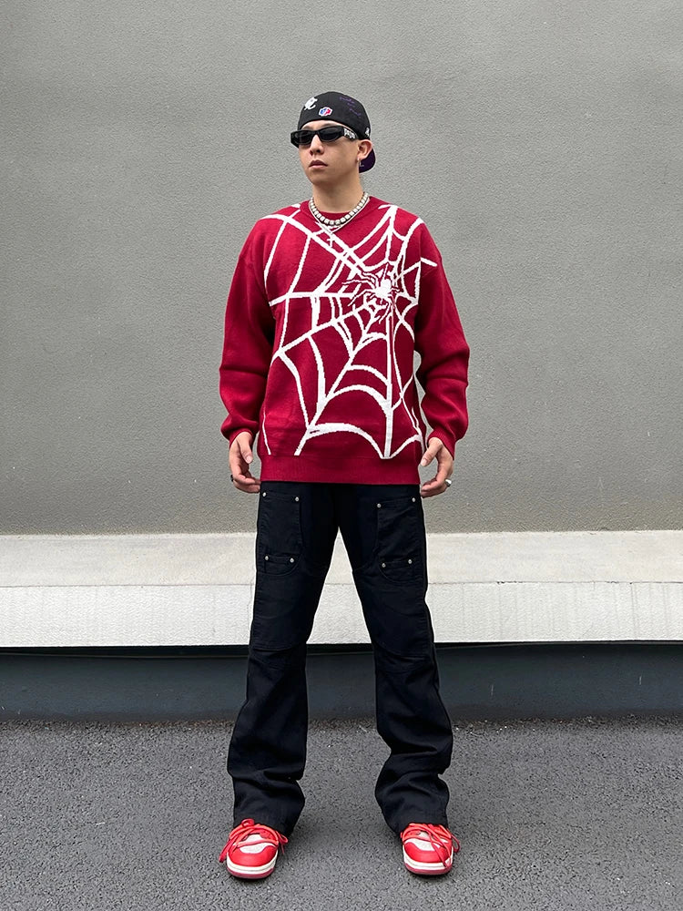 hip hop harajuku spider web pattern knitted sweater unisex pullover streetwear winter casual loose sweater warm jumper knitwear - soft fleece-lined outerwear, 2025 streetwear drop, high quality cotton hoodie