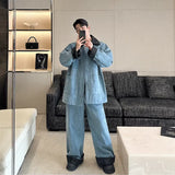 fashion show suits men streetwear washed denim splice loose casual jacket wide leg jeans pants 2 piece sets coat trousers suits urban skinny jeans