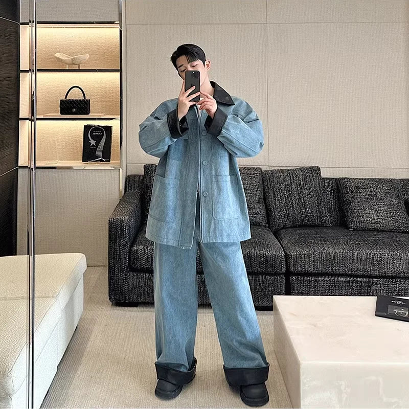 fashion show suits men streetwear washed denim splice loose casual jacket wide leg jeans pants 2 piece sets coat trousers suits urban skinny jeans