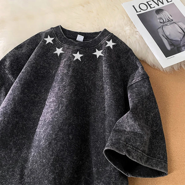 Harajuku Oversized shirt – Men Black Washed T Shirt O Neck Star Patterned Heavyweight S