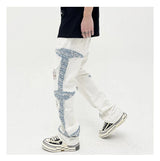 mens high street denim jean pants casual loose destroyed ripped holes straight jeans side patchwork hip hop streetwear joggers unique joggers style 2745
