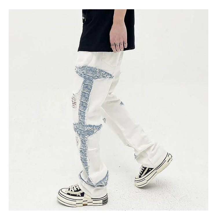 mens high street denim jean pants casual loose destroyed ripped holes straight jeans side patchwork hip hop streetwear joggers unique joggers style 2745