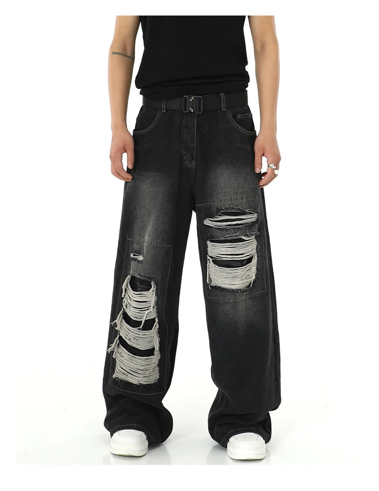 fashion ripped holes denim jeans harajuku patchwork straight jean trousers y2k trouser mens hip hop streetwear baggy jeans pants unique jeans style 4598