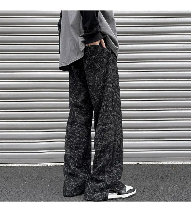 korean style waffle tie dye casual pants high street vibe pants men trendy brand colorful drawstring side slit straight trousers unique default style 2111