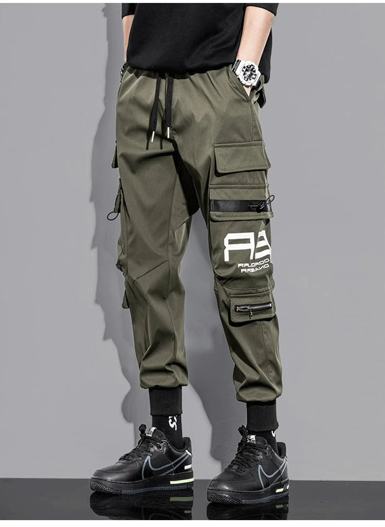 mens cargo pants elastic waist trousers with pockets streetwear hip hop loose fit ankle drawstring military sweatpants joggers unique joggers style 2519