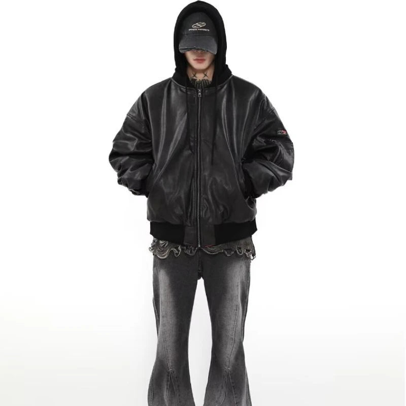 Winter American Fake Two Pieces Parkas Mens Heavy Weight Thicken Hip Hop PU Leather Cotton Jacket Trend Loose Motorcycle Coats