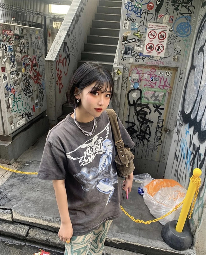 vaporwave streetwear top featuring old school 90s vintage retro printing high street streetwear cotton casual loose tops t shirt