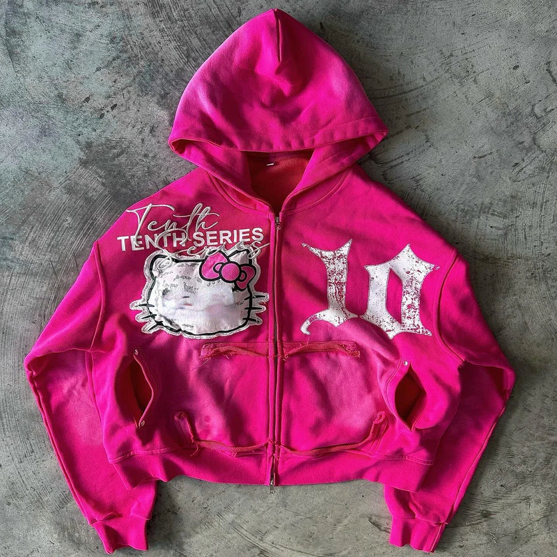 Hip Hop Gothic Pink Oversized Hoodie Sweatshirt Streetwear Zip Hoodie