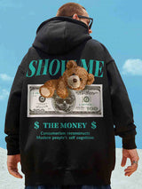 Money Bear Print Fleece Hoodies For Men Autumn Hip Hop Hooded Sweatshirt