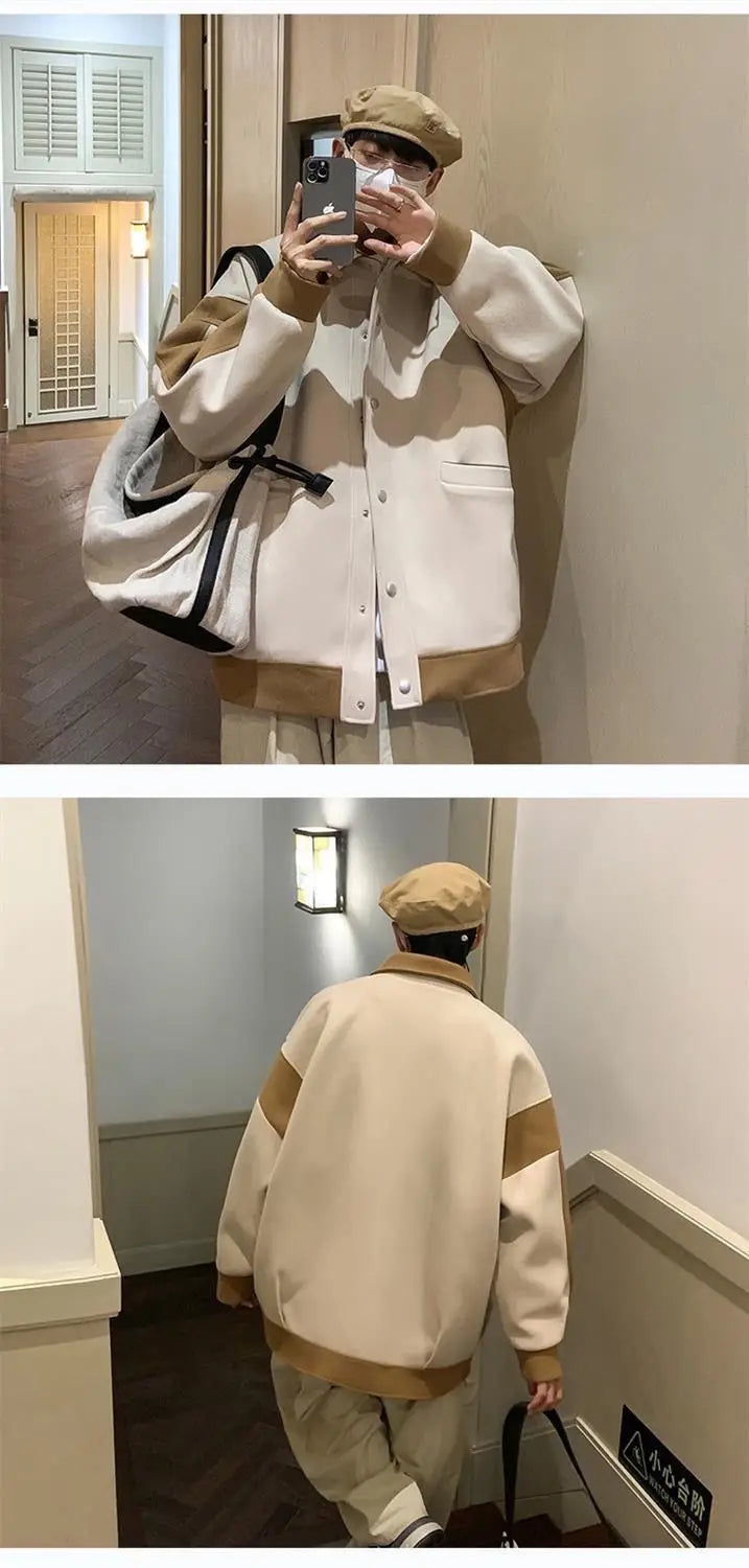 Winter Contrasting Color Splicing Jacket Mens Loose And Versatile Thic