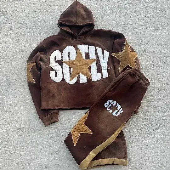 Gothic Retro Harajuku Star Embroidered Letter Oversized Hoodie Mens An