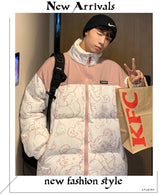 Men Japanese Streetwear Puffer Jackets 2023 Winter Mens Full Print Fashions Bubble Coat Couple Patchwork Thick Parkas
