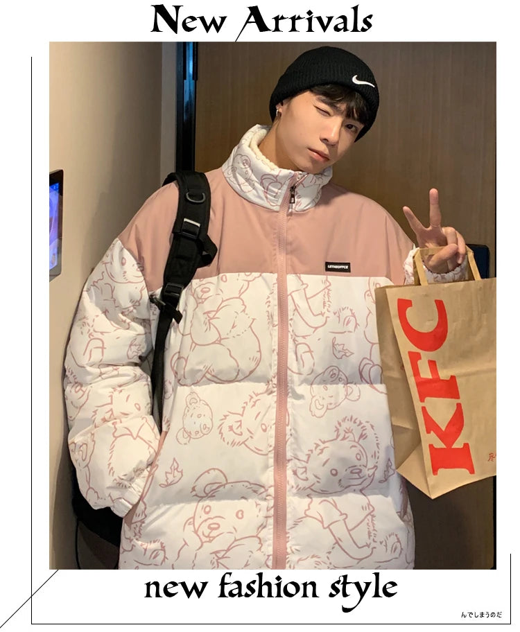 Men Japanese Streetwear Puffer Jackets 2023 Winter Mens Full Print Fashions Bubble Coat Couple Patchwork Thick Parkas