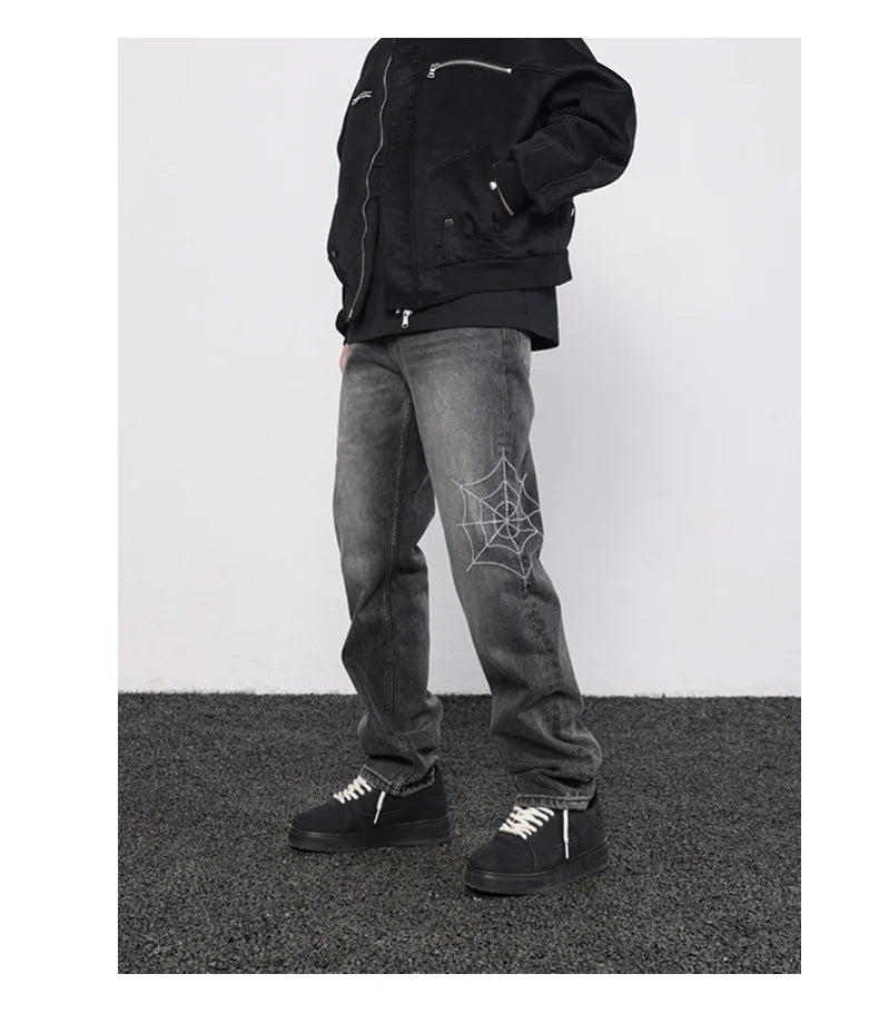 mens hip hop streetwear denim pants cobweb embroidery denim pants 2023 harajuku zipper cotton joggers jeans trousers harem pants unique joggers style 1932