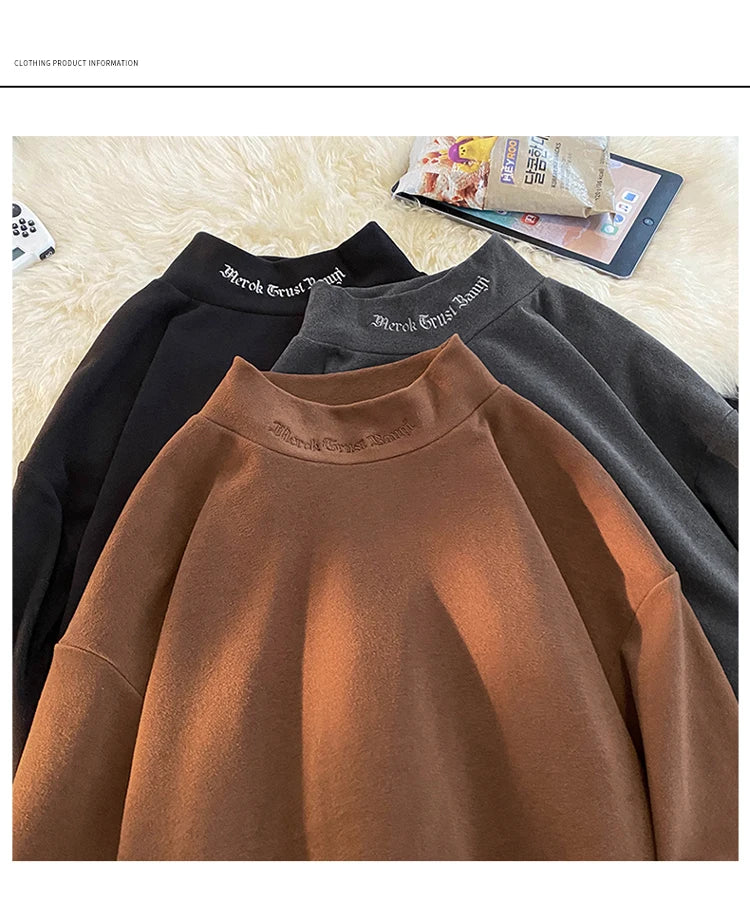 Autumn Winter Warm Classic Long Sleeve Bottoming Shirt Gothic Style Embroidery Half-high Neck Tops Loose T-shirt