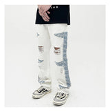 mens high street denim jean pants casual loose destroyed ripped holes straight jeans side patchwork hip hop streetwear joggers unique joggers style 2743