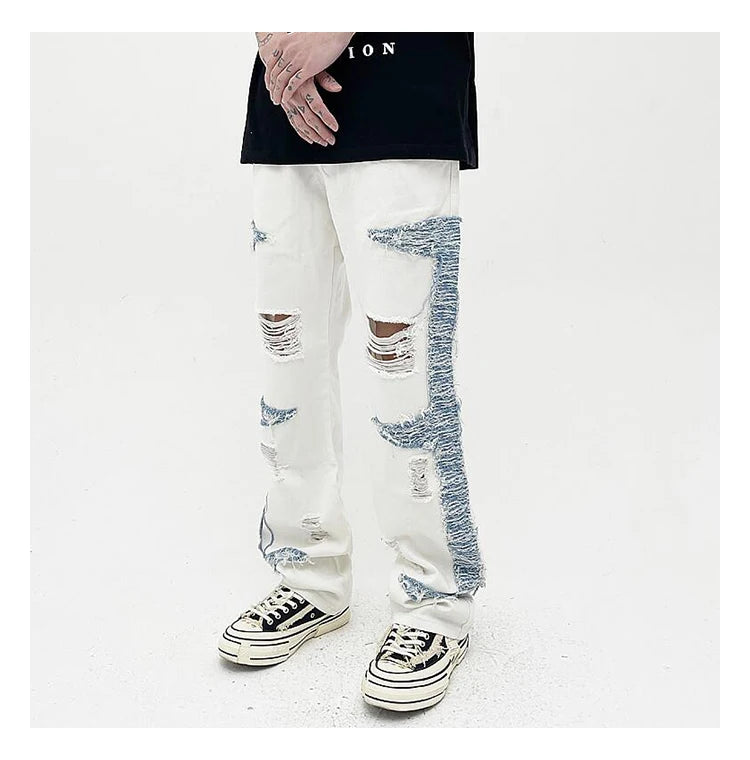 mens high street denim jean pants casual loose destroyed ripped holes straight jeans side patchwork hip hop streetwear joggers unique joggers style 2743