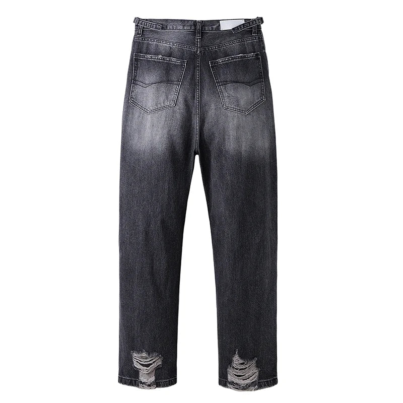 baggy ripped jeans damaged heavy industry washed jeans mens vintage vibe loose casual straight worn pants denim trousers unique jeans style 638