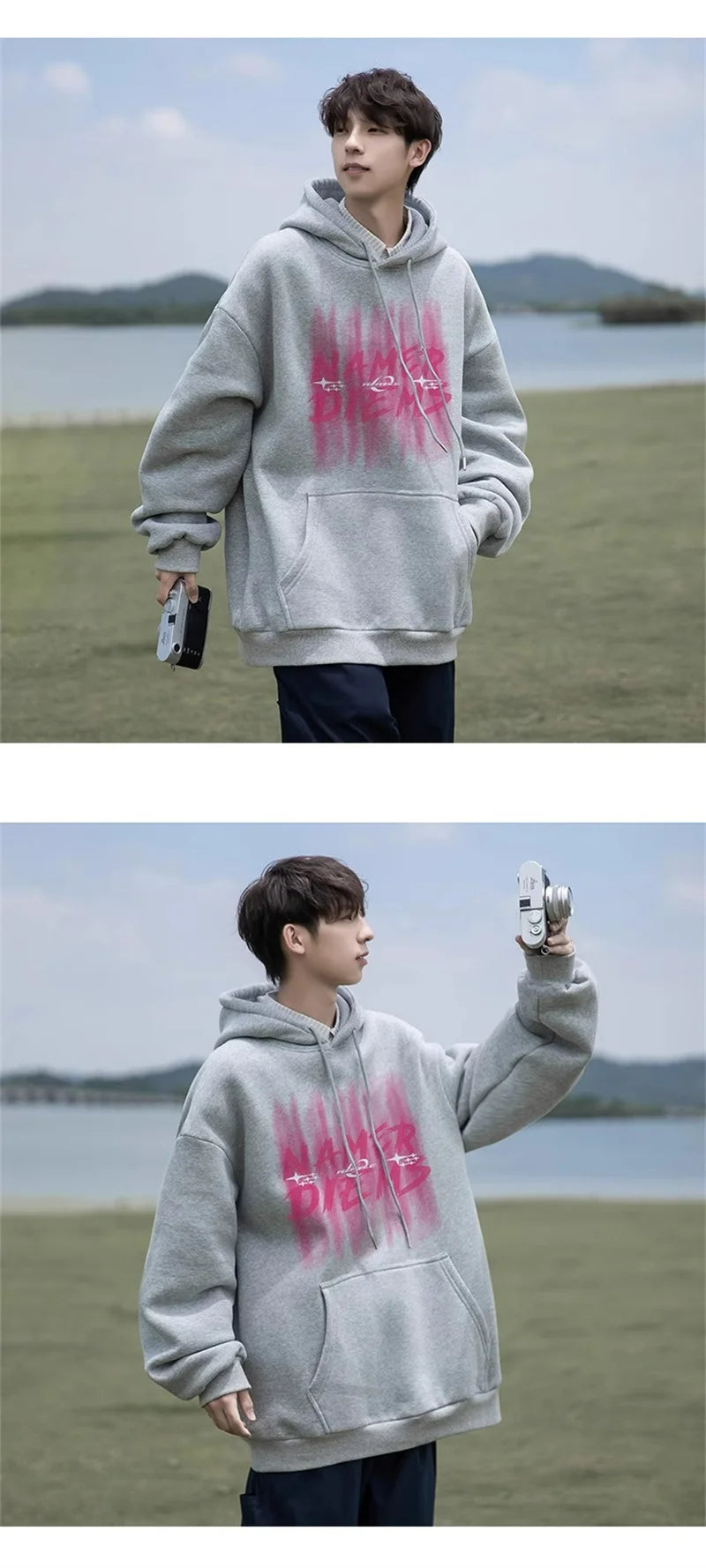 2024 New Graffiti Letter Print Hooded Fleece Sweatshirt For Men Loose