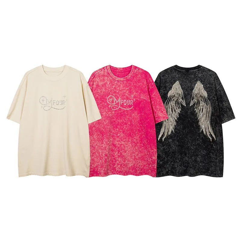 Vaporwave Broken heart – Men Retro T Shirts Rhinestone Wing Washed Short Sleeve T Shi