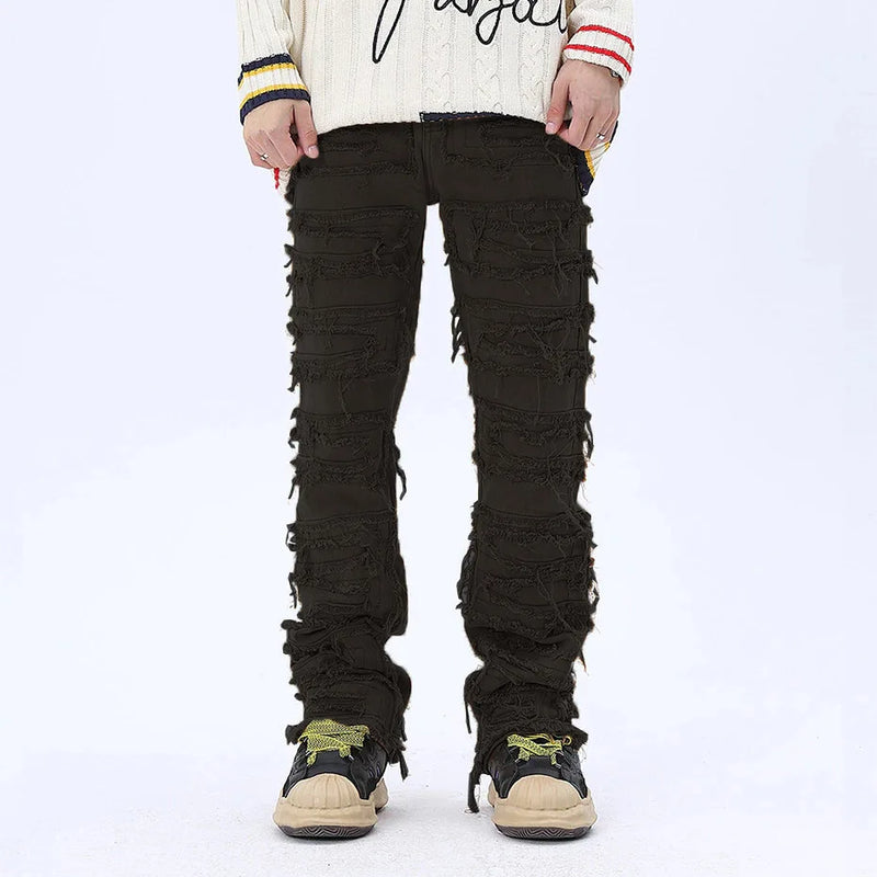 tassel hole spliced european and american straight leg denim pants new popular patch jeans mens wear unique jeans style 199