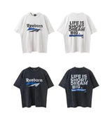Manga street tee with comic panel layout and soft hues