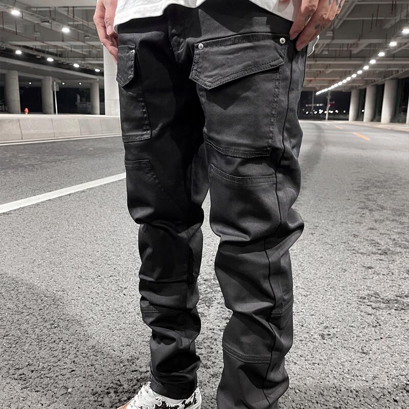 streetwear kanye slim fit feet coated black jeans pants for men pocket brushed wax tapered pants man casual cargo jeans y2k unique cargo style 4550