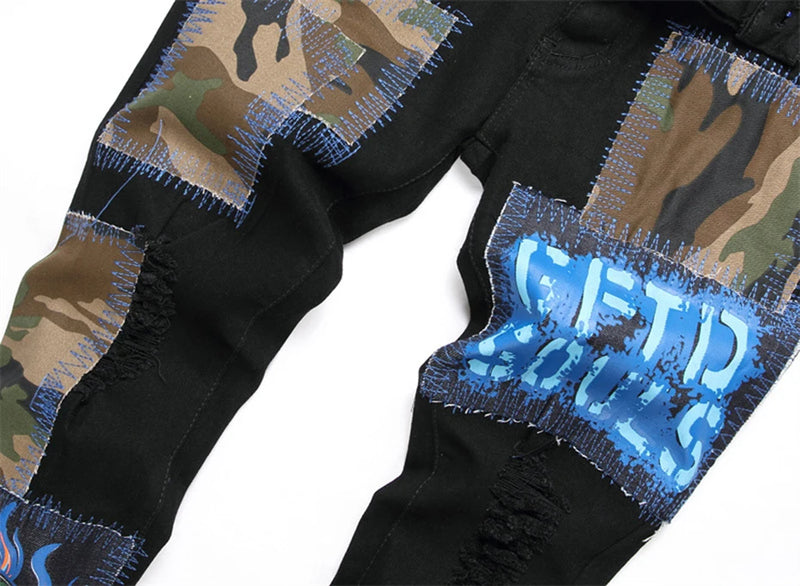 fashion ripped patchwork jeans men harajuku streetwear hip hop black jeans trend slim denim pants unique jeans style 345