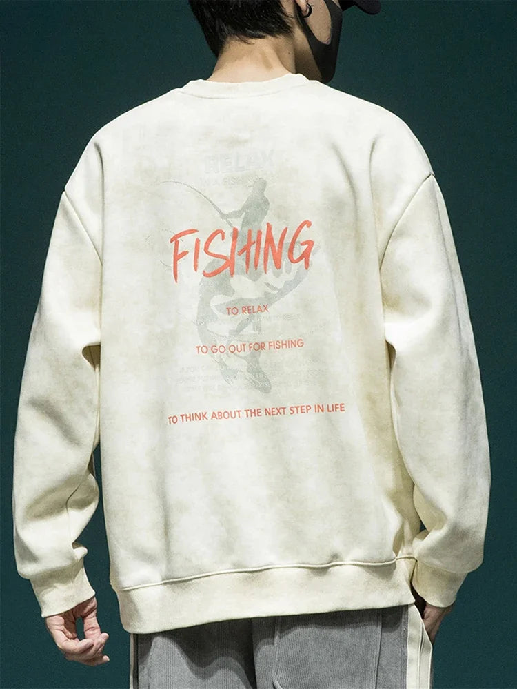 Autumn Funny Fishing Graphic Print Sweatshirts For Men High Street Let