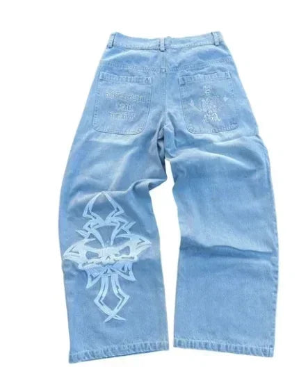 baggy jeans harajuku goth y2k jeans for men black striped new hip hop embroidered wide leg denim pants high street streetwear unique jeans style 278
