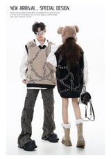 high street harajuku imitation mink hair knitted vest chain color block v neck pullover sweater vest oversized knitwear trendy unique limited edition hoodie, streetwear fashion hoodie, trendy hip hop style outerwear