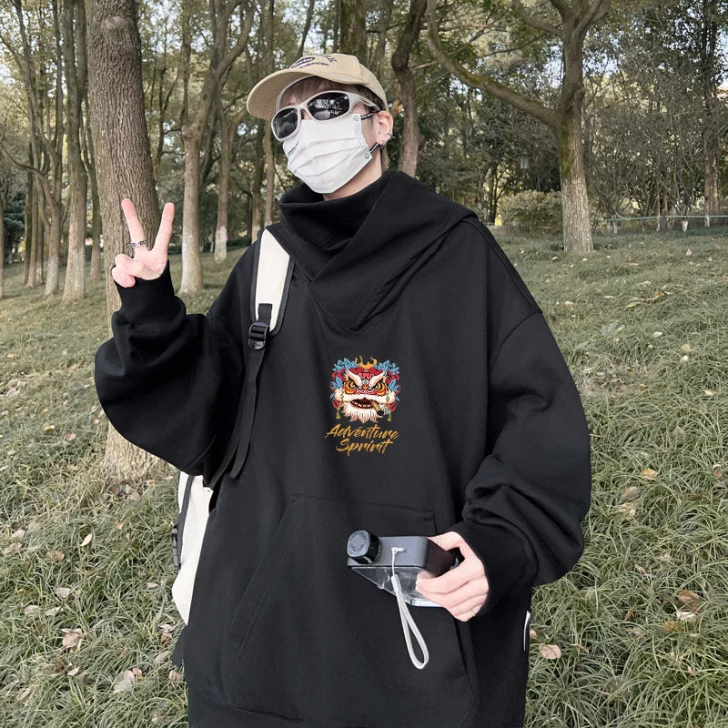 Autumn Lion Dance Graphic Ninja Hoodie Men Fleece Pocket Turtleneck Ov