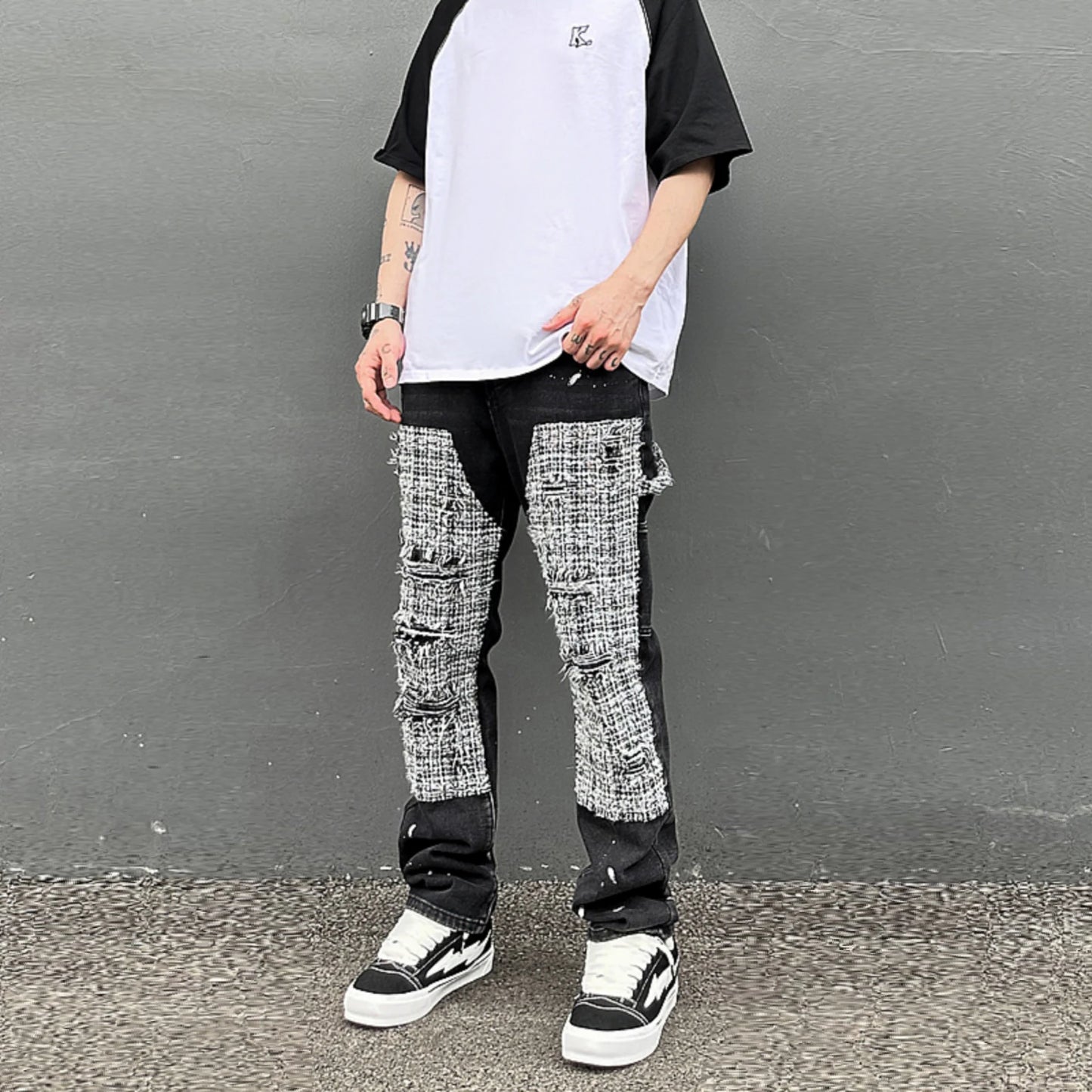 black white checkered patchwork straight leg denim trousers men hip hop splashed ink logging pants jeans slim fit washed torn vintage washed jeans