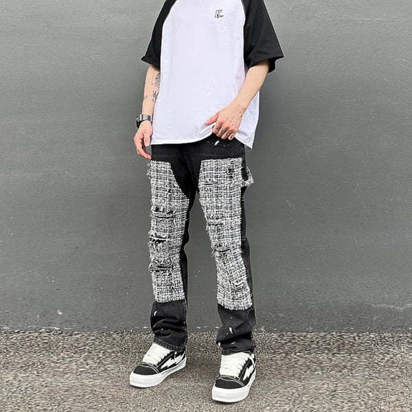 black white checkered patchwork straight leg denim trousers men hip hop splashed ink logging pants jeans slim fit washed torn vintage washed jeans