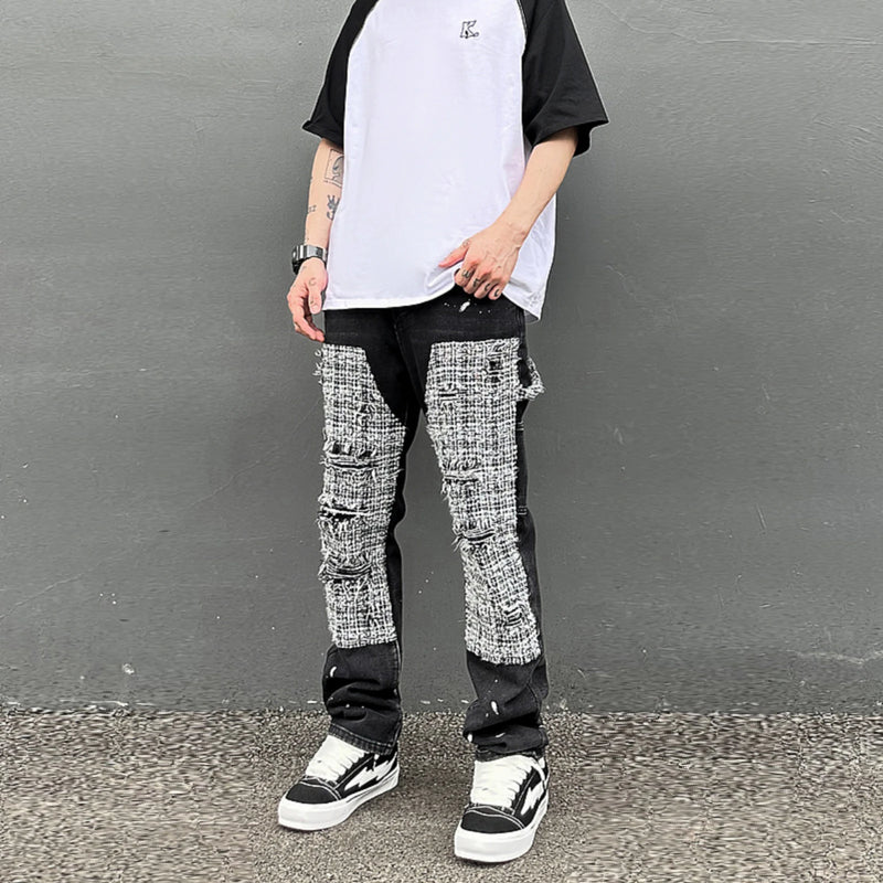 black white checkered patchwork straight leg denim trousers men hip hop splashed ink logging pants jeans slim fit washed torn vintage washed jeans